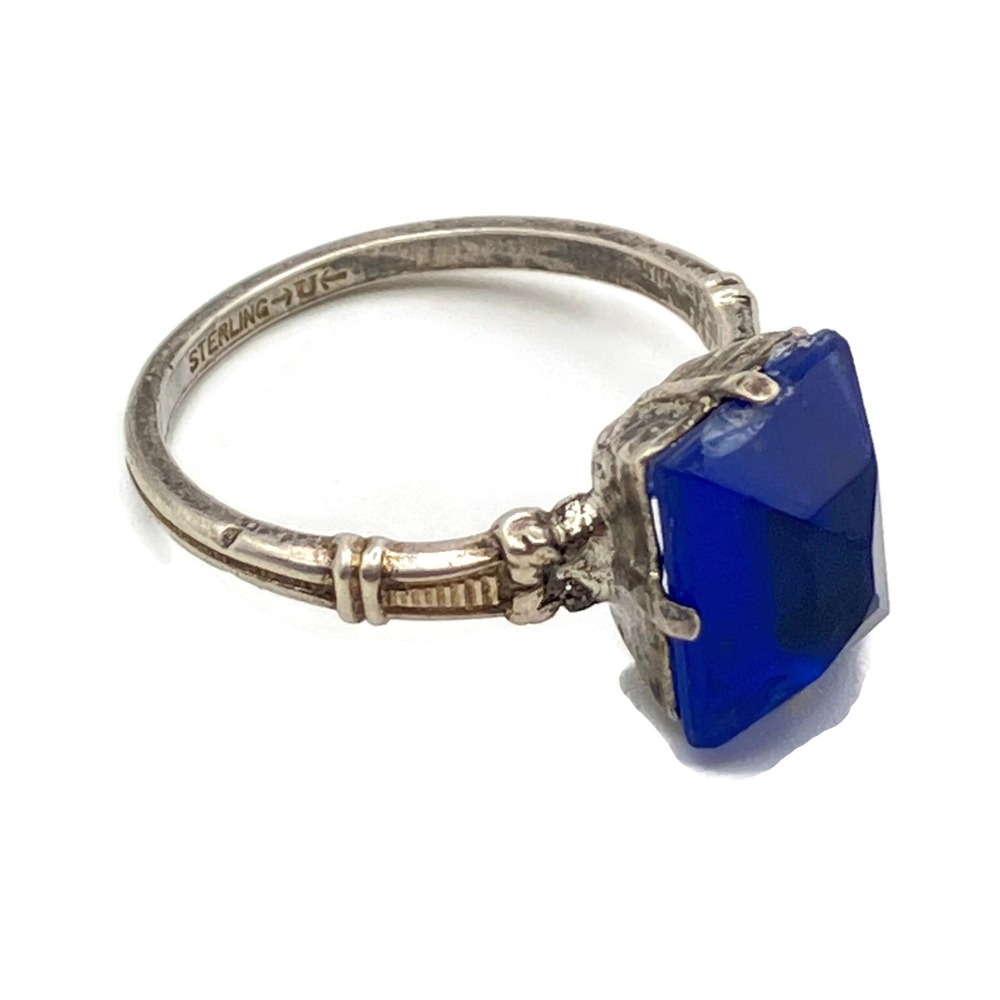 Vintage Uncas Sterling Silver Ring Blue Glass Stone Size 6.75 Retro 1940s